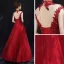 Chinese style Burgundy See-through Evening Dresses  2019 A-Line / Princess High Neck Sleeveless Appliques Lace Beading Floor-Length / Long Ruffle Backless Formal Dresses