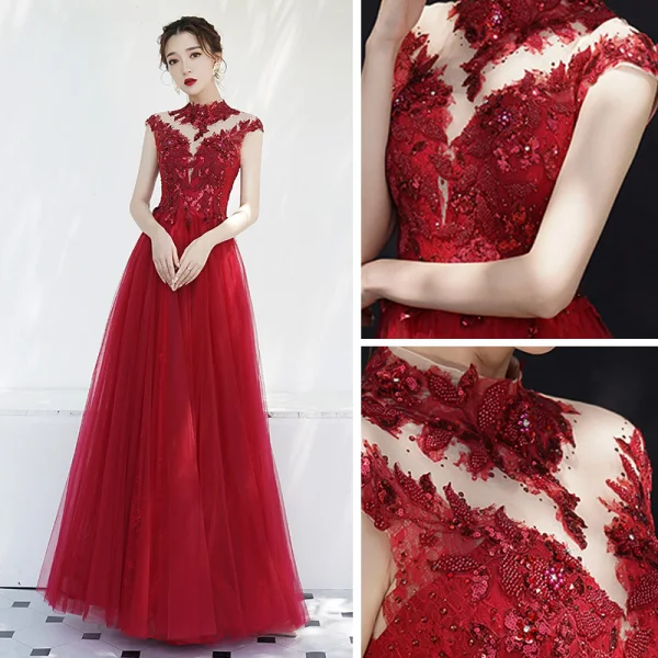 Chinese style Burgundy See-through Evening Dresses 2019 A-Line / Princess High Neck Sleeveless Appliques Lace Beading Floor-Length / Long Ruffle Backless Formal Dresses