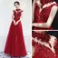 Chinese style Burgundy See-through Evening Dresses  2019 A-Line / Princess High Neck Sleeveless Appliques Lace Beading Floor-Length / Long Ruffle Backless Formal Dresses
