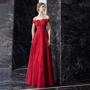 Meilleur Bordeaux Dentelle Robe De Soirée 2019 Princesse De L 039 Épaule Manches Courtes Appliques En Dentelle Faux Diamant Longue Volants Dos Nu Robe De Ceremonie