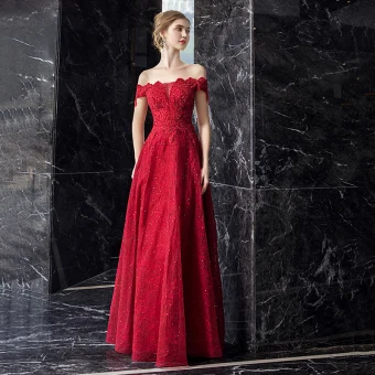 Meilleur Bordeaux Dentelle Robe De Soirée 2019 Princesse De L 039 Épaule Manches Courtes Appliques En Dentelle Faux Diamant Longue Volants Dos Nu Robe De Ceremonie