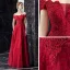 Best Burgundy Lace Evening Dresses  2019 A-Line / Princess Off-The-Shoulder Short Sleeve Appliques Lace Rhinestone Floor-Length / Long Ruffle Backless Formal Dresses