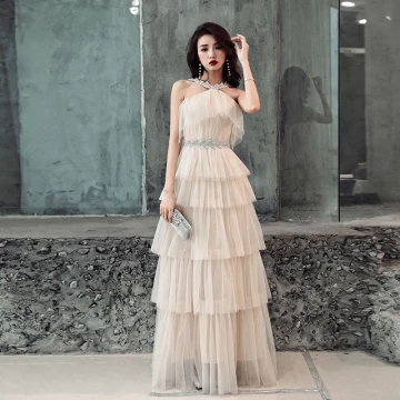 Chic Beautiful Champagne Evening Dresses 2019 A Line Princess Sleeveless Rhinestone Sash Floor Length Long Cascading Ruffles Backless Formal Dresses