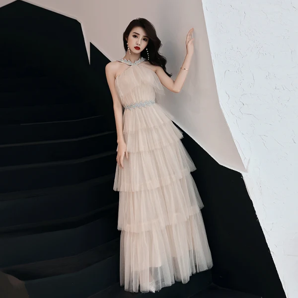 Chic / Belle Champagne Robe De Soirée 2019 Princesse Sans Manches Faux Diamant Ceinture Longue Volants en Cascade Dos Nu Robe De Ceremonie