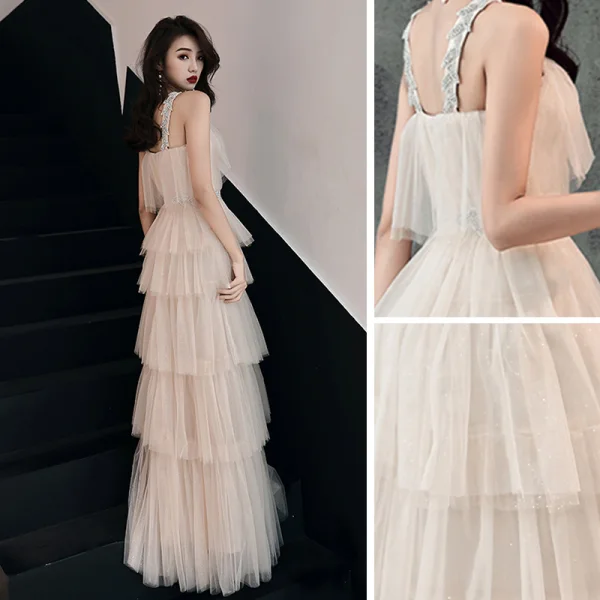 Chic / Belle Champagne Robe De Soirée 2019 Princesse Sans Manches Faux Diamant Ceinture Longue Volants en Cascade Dos Nu Robe De Ceremonie