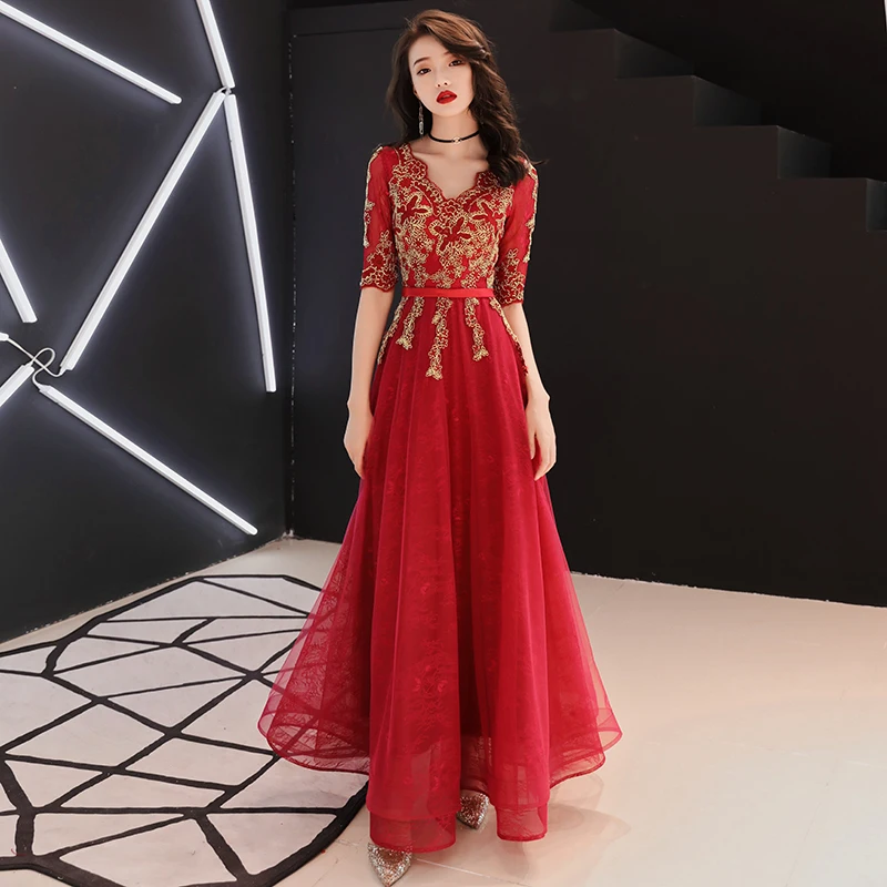 Chinese Style Red Evening Dresses 2019 A Line Princess V Neck 1 2 Sleeves  Sash Gold Appliques Lace Floor Length Long Ruffle Formal Dresses