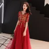 Chinese style Red Evening Dresses  2019 A-Line / Princess V-Neck 1/2 Sleeves Sash Gold Appliques Lace Floor-Length / Long Ruffle Formal Dresses