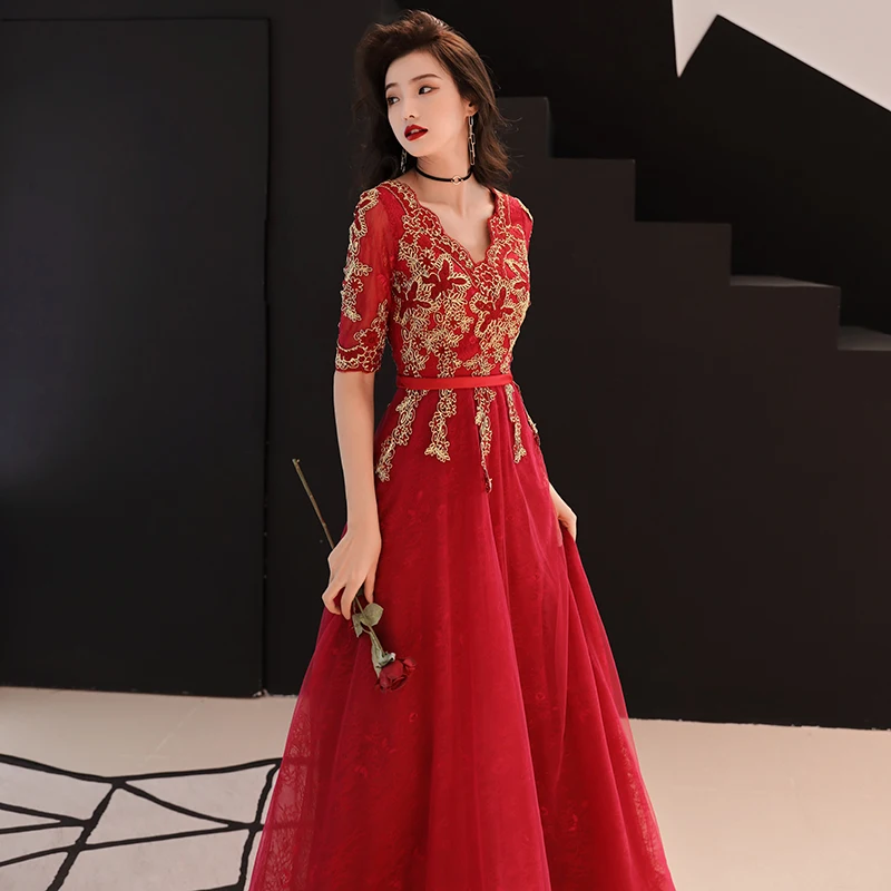 Chinese Style Red Evening Dresses 2019 A Line Princess V Neck 1 2 Sleeves Sash Gold Appliques Lace Floor Length Long Ruffle Formal Dresses Chinese Style Red Evening Dresses 2019 A Line Princess V Neck 1 2 Sleeves Sash Gold Appliques Lace Floor Length Long Ruffle Formal Dresses