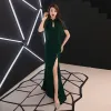 Chinese style Dark Green Evening Dresses  2019 Trumpet / Mermaid High Neck Short Sleeve Rhinestone Split Front Floor-Length / Long Formal Dresses