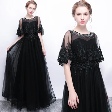 Affordable Black See Through Evening Dresses 2019 A Line Princess Scoop Neck Short Sleeve Appliques Lace Rhinestone Floor Length Long Ruffle Formal Dresses