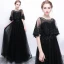 Affordable Black See-through Evening Dresses  2019 A-Line / Princess Scoop Neck Short Sleeve Appliques Lace Rhinestone Floor-Length / Long Ruffle Formal Dresses