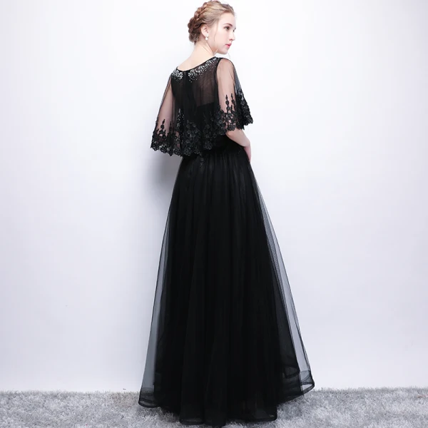 Affordable Black See-through Evening Dresses 2019 A-Line / Princess Scoop Neck Short Sleeve Appliques Lace Rhinestone Floor-Length / Long Ruffle Formal Dresses