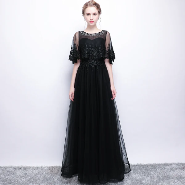 Affordable Black See-through Evening Dresses 2019 A-Line / Princess Scoop Neck Short Sleeve Appliques Lace Rhinestone Floor-Length / Long Ruffle Formal Dresses