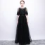 Affordable Black See-through Evening Dresses  2019 A-Line / Princess Scoop Neck Short Sleeve Appliques Lace Rhinestone Floor-Length / Long Ruffle Formal Dresses