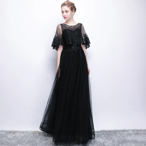 Affordable Black See-through Evening Dresses 2019 A-Line / Princess Scoop Neck Short Sleeve Appliques Lace Rhinestone Floor-Length / Long Ruffle Formal Dresses