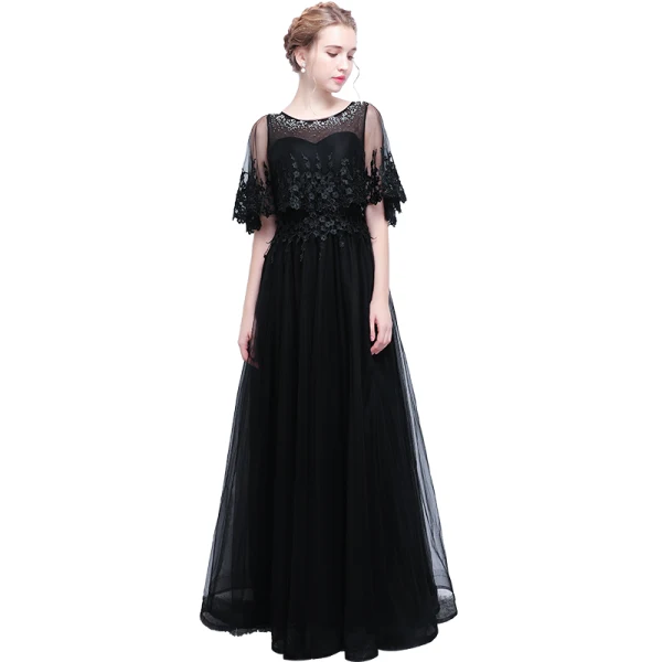 Affordable Black See-through Evening Dresses 2019 A-Line / Princess Scoop Neck Short Sleeve Appliques Lace Rhinestone Floor-Length / Long Ruffle Formal Dresses