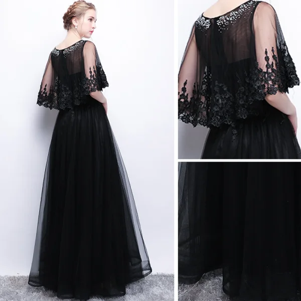 Affordable Black See-through Evening Dresses 2019 A-Line / Princess Scoop Neck Short Sleeve Appliques Lace Rhinestone Floor-Length / Long Ruffle Formal Dresses