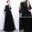 Affordable Black See-through Evening Dresses  2019 A-Line / Princess Scoop Neck Short Sleeve Appliques Lace Rhinestone Floor-Length / Long Ruffle Formal Dresses