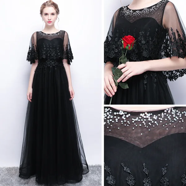 Affordable Black See-through Evening Dresses 2019 A-Line / Princess Scoop Neck Short Sleeve Appliques Lace Rhinestone Floor-Length / Long Ruffle Formal Dresses