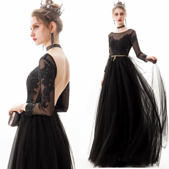 Abordable Noire Dos Nu Transparentes Robe De Soirée 2019 Princesse Encolure Dégagée Manches Longues Appliques En Dentelle Faux Diamant Ceinture Longue Volants Robe De Ceremonie