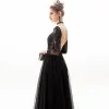 Affordable Black Backless See-through Evening Dresses  2019 A-Line / Princess Scoop Neck Long Sleeve Appliques Lace Rhinestone Sash Floor-Length / Long Ruffle Formal Dresses