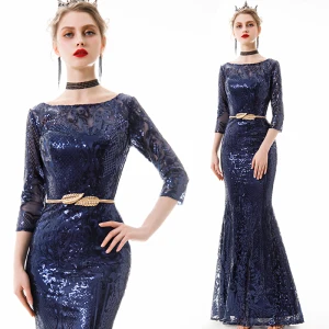 Affordable Navy Blue Sequins Evening Dresses 2019 Trumpet Mermaid 3 4 Sleeve Square Neckline Metal Sash Floor Length Long Formal Dresses