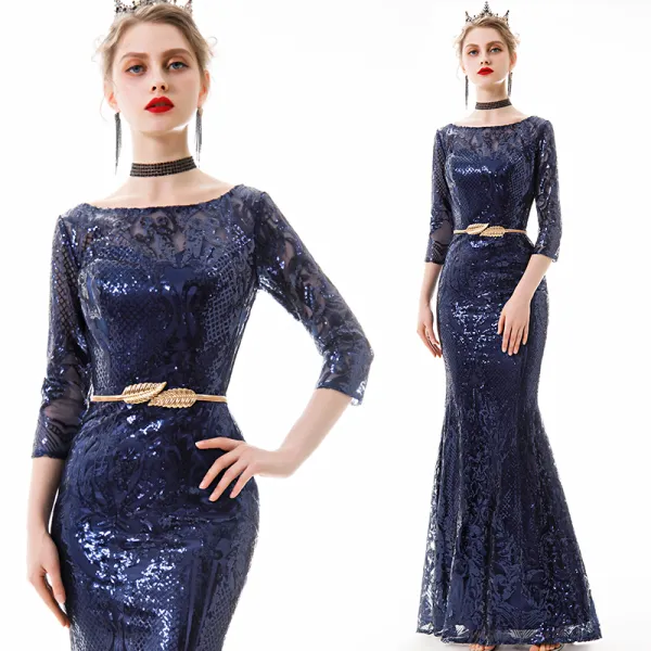 Affordable Navy Blue Sequins Evening Dresses  2019 Trumpet / Mermaid 3/4 Sleeve Square Neckline Metal Sash Floor-Length / Long Formal Dresses