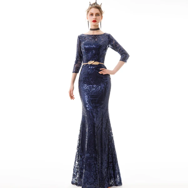 Abordable Bleu Marine Paillettes Robe De Soirée 2019 Trompette / Sirène 3/4 Manches Encolure Carrée Métal Ceinture Longue Robe De Ceremonie