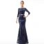 Abordable Bleu Marine Paillettes Robe De Soirée 2019 Trompette / Sirène 3/4 Manches Encolure Carrée Métal Ceinture Longue Robe De Ceremonie