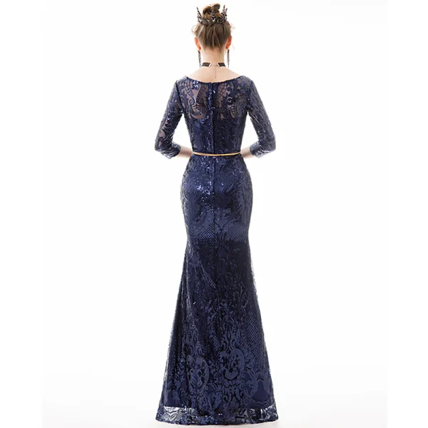 Abordable Bleu Marine Paillettes Robe De Soirée 2019 Trompette / Sirène 3/4 Manches Encolure Carrée Métal Ceinture Longue Robe De Ceremonie