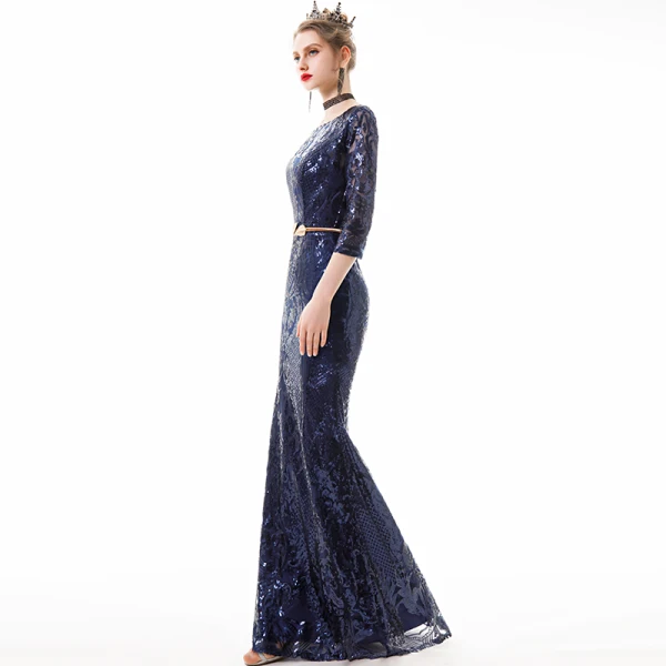 Abordable Bleu Marine Paillettes Robe De Soirée 2019 Trompette / Sirène 3/4 Manches Encolure Carrée Métal Ceinture Longue Robe De Ceremonie