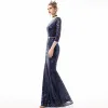 Affordable Navy Blue Sequins Evening Dresses  2019 Trumpet / Mermaid 3/4 Sleeve Square Neckline Metal Sash Floor-Length / Long Formal Dresses