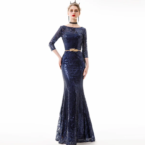 Abordable Bleu Marine Paillettes Robe De Soirée 2019 Trompette / Sirène 3/4 Manches Encolure Carrée Métal Ceinture Longue Robe De Ceremonie