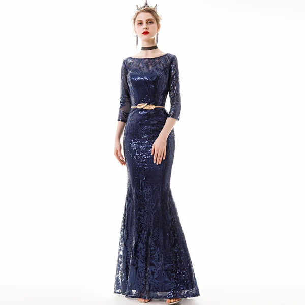 Abordable Bleu Marine Paillettes Robe De Soirée 2019 Trompette / Sirène 3/4 Manches Encolure Carrée Métal Ceinture Longue Robe De Ceremonie