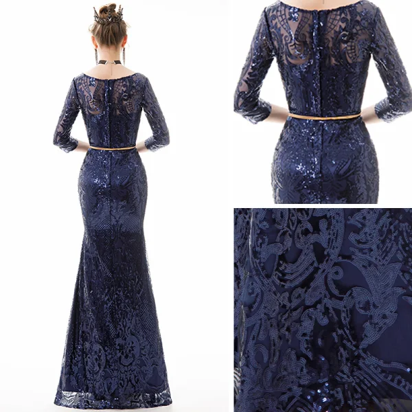 Abordable Bleu Marine Paillettes Robe De Soirée 2019 Trompette / Sirène 3/4 Manches Encolure Carrée Métal Ceinture Longue Robe De Ceremonie