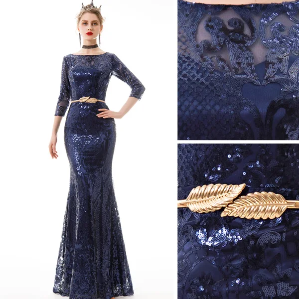 Abordable Bleu Marine Paillettes Robe De Soirée 2019 Trompette / Sirène 3/4 Manches Encolure Carrée Métal Ceinture Longue Robe De Ceremonie