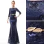 Abordable Bleu Marine Paillettes Robe De Soirée 2019 Trompette / Sirène 3/4 Manches Encolure Carrée Métal Ceinture Longue Robe De Ceremonie