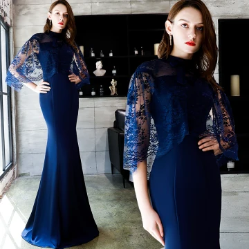 Style Chinois Abordable Bleu Marine Transparentes Robe De Soirée 2019 Trompette Sirène Col Haut 3 4 Manches Appliques En Dentelle Longue Robe De Ceremonie