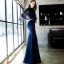 Style Chinois Abordable Bleu Marine Transparentes Robe De Soirée 2019 Trompette / Sirène Col Haut 3/4 Manches Appliques En Dentelle Longue Robe De Ceremonie