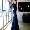 Chinese style Affordable Navy Blue See-through Evening Dresses  2019 Trumpet / Mermaid High Neck 3/4 Sleeve Appliques Lace Floor-Length / Long Formal Dresses