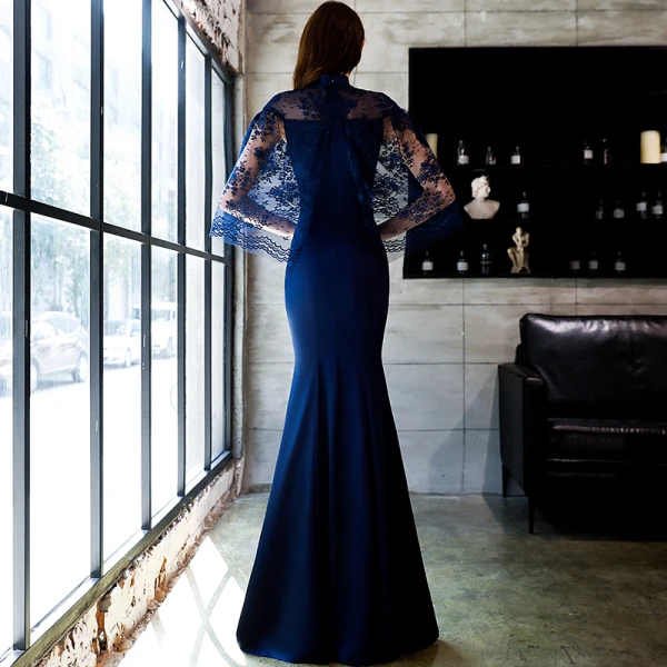 Style Chinois Abordable Bleu Marine Transparentes Robe De Soirée 2019 Trompette / Sirène Col Haut 3/4 Manches Appliques En Dentelle Longue Robe De Ceremonie
