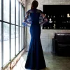 Chinese style Affordable Navy Blue See-through Evening Dresses  2019 Trumpet / Mermaid High Neck 3/4 Sleeve Appliques Lace Floor-Length / Long Formal Dresses
