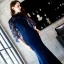 Style Chinois Abordable Bleu Marine Transparentes Robe De Soirée 2019 Trompette / Sirène Col Haut 3/4 Manches Appliques En Dentelle Longue Robe De Ceremonie