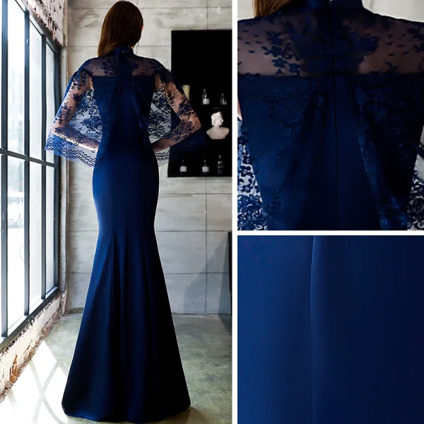 Style Chinois Abordable Bleu Marine Transparentes Robe De Soirée 2019 Trompette / Sirène Col Haut 3/4 Manches Appliques En Dentelle Longue Robe De Ceremonie