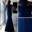 Style Chinois Abordable Bleu Marine Transparentes Robe De Soirée 2019 Trompette / Sirène Col Haut 3/4 Manches Appliques En Dentelle Longue Robe De Ceremonie