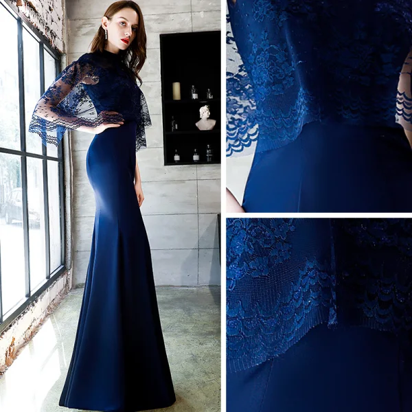 Style Chinois Abordable Bleu Marine Transparentes Robe De Soirée 2019 Trompette / Sirène Col Haut 3/4 Manches Appliques En Dentelle Longue Robe De Ceremonie