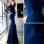 Style Chinois Abordable Bleu Marine Transparentes Robe De Soirée 2019 Trompette / Sirène Col Haut 3/4 Manches Appliques En Dentelle Longue Robe De Ceremonie