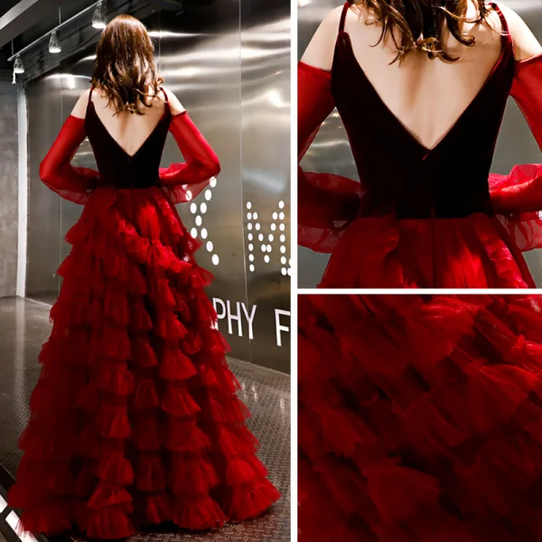 Affordable Burgundy Suede Evening Dresses  2019 A-Line / Princess Spaghetti Straps Puffy Long Sleeve Floor-Length / Long Cascading Ruffles Backless Formal Dresses