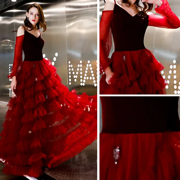 Affordable Burgundy Suede Evening Dresses  2019 A-Line / Princess Spaghetti Straps Puffy Long Sleeve Floor-Length / Long Cascading Ruffles Backless Formal Dresses