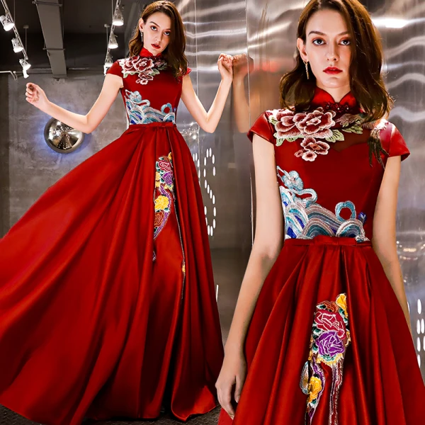 Chinese style Affordable Red Satin Evening Dresses  2019 A-Line / Princess High Neck Sleeveless Embroidered Flower Bow Sash Floor-Length / Long Ruffle Backless Formal Dresses